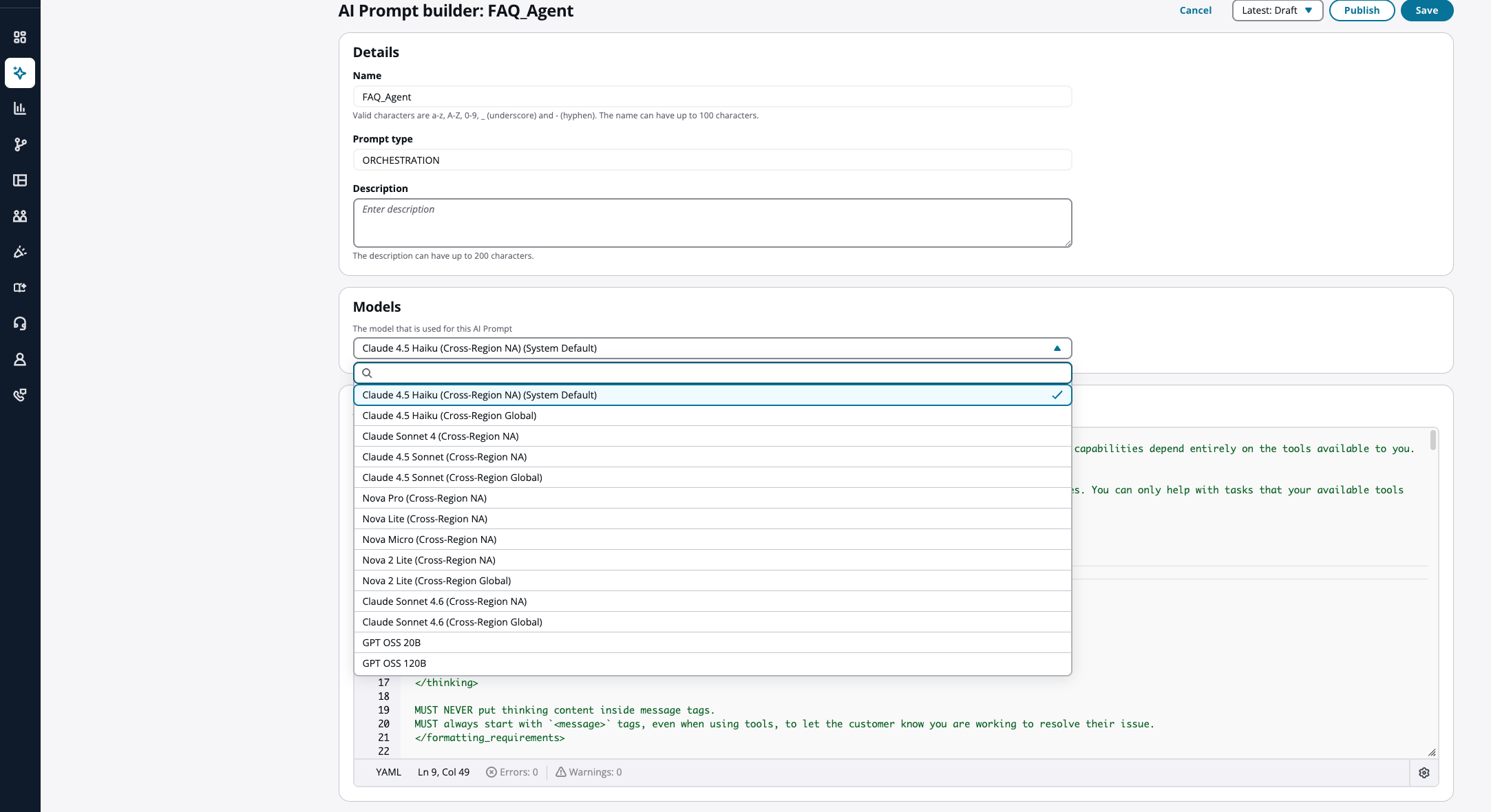 Screenshot of the AI Prompt builder showing the Models section dropdown with available LLM options